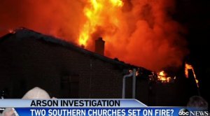 Church on fire at nigh
