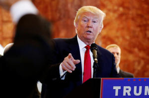 Image: Republican U.S. presidential candidate Donald Trump addresses the media regarding donations to veterans foundations at Trump Tower in Manhattan, New York