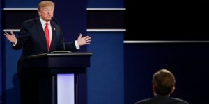 Republican presidential nominee Donald Trump answers a question during the third presidential debate at UNLV in Las Vegas, Wednesday, Oct. 19, 2016. (AP Photo/John Locher)